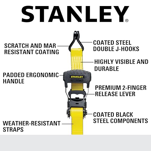 STANLEY S10074 Black/Yellow 1.5" x 16' Ratchet Tie Down Straps - Heavy Cargo Securing (3,300 lbs Break Strength), 4 Pack by STANLEY - Image 2