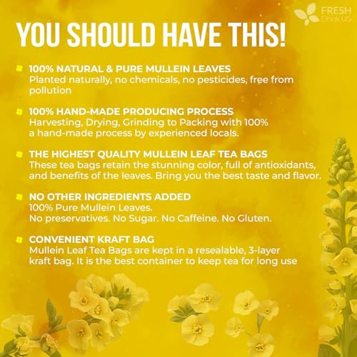 Image of FreshDrinkUS, Premium 120 Mullein Leaf Tea Bags For Lung, 100% Natural & Pure from Mullein Leaves. Loose Leaf Mullein Herbal Tea. Made with Natural Material Tea Bags. No Sugar, No Caffeine, No Gluten, Vegan.