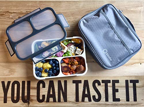 Bento Lunch Box With Bag And Ice Pack Set | Bento Box Adult Lunch Box | 3 Compartment Boxes, Insulated Bags For Work School | Containers For Teens Adults Boys Kids Lunches | Grey Black Large Kit #TOP6