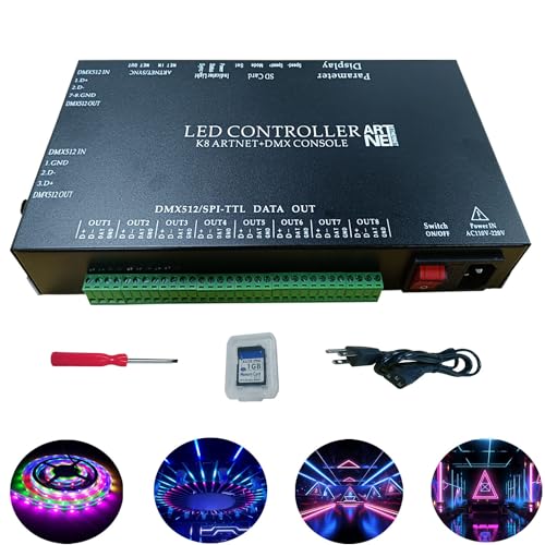 Addressable Led Controller, WS2811 WS2812 RGB Pixel Light, Madrix Artnet DMX Console Full Color Programmable 8 Ports 8192 Pixels RGB Light Control, Support Online Offline