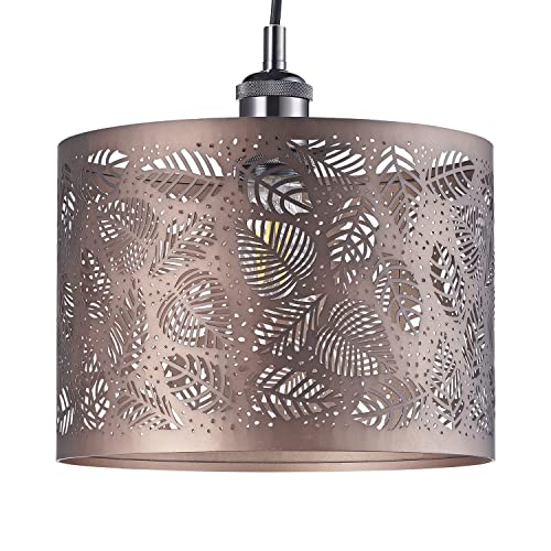 Contemporary and Unique Matt Bronze Metal Pendant Light Shade with Fern Leaf Decoration Creating Lovely Effect Against The Walls | 60w Maximum | 25cm Diameter by Happy Homewares