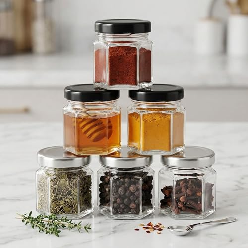 Image of Cute Hexagonal 50 grams Airtight Glass Jar Containers for Honey, Spices & other Kitchen Items with Rust Proof Black & Silver Color Caps -Set of 06