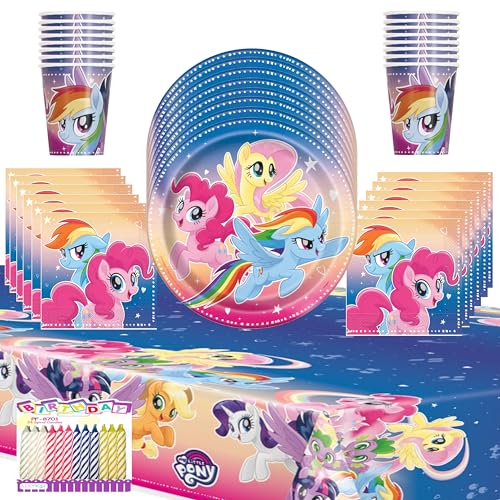 My Little Pony Party Supplies for 16 Guests – 9" Plates, Napkins, Cups, Table Cover & Birthday Candles – Kids’ Birthday Decorations for Girls’ Party