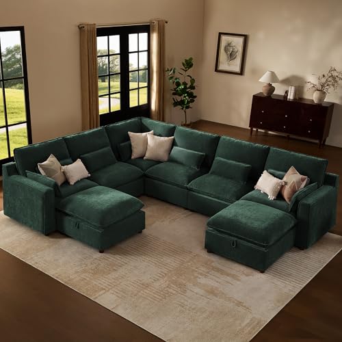 Image of WorthFurni Modern Modular Sectional Sofa,137 inch V Shape Sectional Cloud Couch with Storage Ottoman,Comfty 8 Seat Sofa for Living Room,Green Chenille