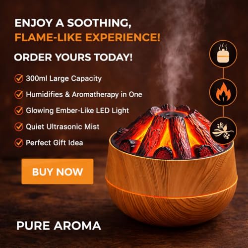 Image of Pure Aroma 300ML Volcano Flame Aroma Diffuser | Ultrasonic Cool Mist Humidifier with LED Flame Effect | Essential Oil Diffuser for Home & Bedroom