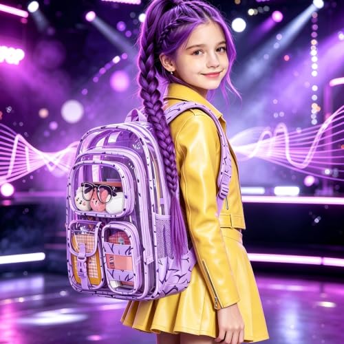Image of Three-layer Clear Backpack, Heavy Duty Clear Bookbag for Kids, See Through Backpack Transparent Bag for Girls Boys (Purple Lightning)