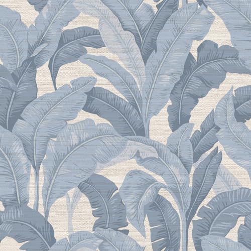 Tempaper Textured Blue Layered Palm Faux Grasscloth Removable Peel and Stick Wallpaper, 20.5 in X 16.5 ft, Made in The USA
