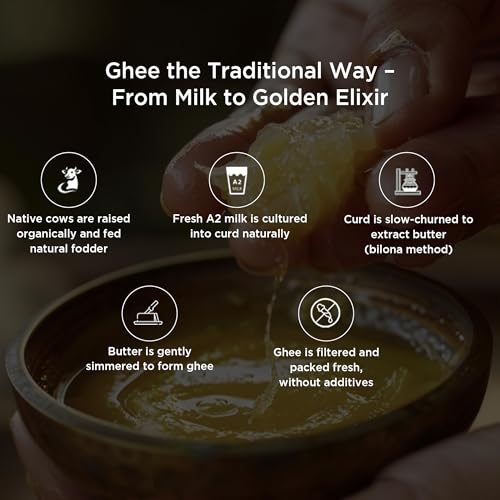 Image of Pure & Sure Organic A2 Desi Ghee 250 ML | 100% Pure Cow Ghee | Made by Traditional Bilona Method | Curd-Churned | Natural Immunity Booster & Other Benifits (Glass Jar)
