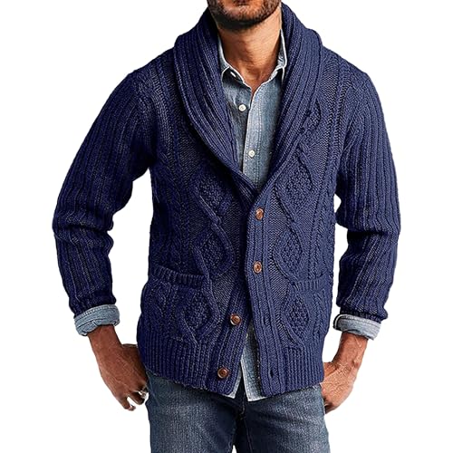 Mens Twists Knitted Sweater Cardigan Cable Knit Shawl Collar Loose Cardigans Stand Collar Cable Knit Button Sweaters (Navy Blue,X-Large)