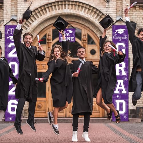 Image of Moukeren 3 Pieces 2026 Graduation Party Decorations Graduation Porch Sign Class of 2026 Grad Hanging Porch Banner Backdrop Door Sign for Grad Party Home Door Wall Decor(Purple)