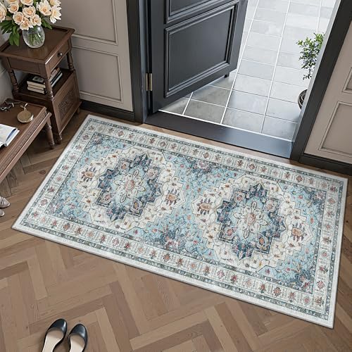Madane Washable Area Rug 2x4, Small Entryway Rug Non-Slip Vintage Door Mat Indoor Entrance, Low Pile Floor Carpet Runner for Inside Front Door Kitchen Entry Laundry, Blue