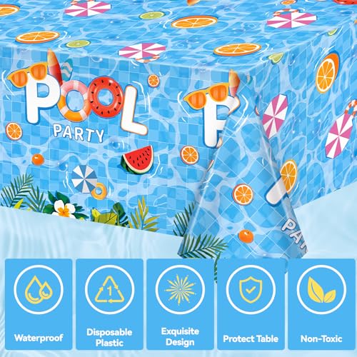 Image of Miucat 3pcs Pool Party Table Cloth Disposable, Waterproof Summer Tablecloth for Beach Swimming Pool Summer Birthday Party Dining Table Decor 54 X 108 Inch