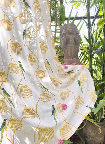 Image of Tranquebar Curtain Co. Sheer Curtains 5 Feet, Linen Textured Sheer Fabric, 20-30% Light Filtering, Blue Bird Print, White Sheer Curtains, BackTab Loops, Design Mithu (152 cm) - Set of 2