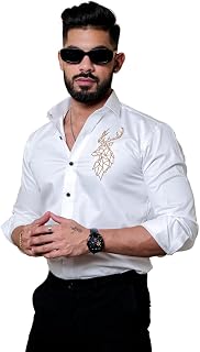 Foomer Men’s White Satin Cotton Shirt with Deer Embroidery | Regular Fit Casual Wear for Office, Outings & Everyday Use | ... Price In India