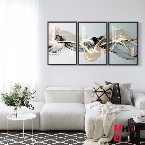 Quadros Decorativos Sala Abstrato Linha Gold Luxo 3 Peças 60x40cm