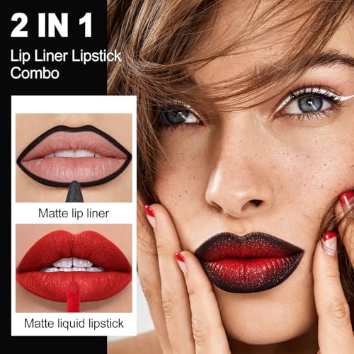 MAKI YIKA Black Lip Liner Red Matte Liquid Lipstick Combo for Women 2in1 Long Lasting Lipsticks for Ombre Lips Waterproof Lipliner Lip Stick Vegan Cruelty Free,LGA04 — view 2