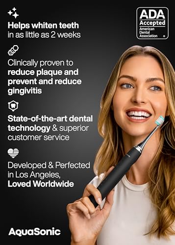 aquasonic black series ultra whitening toothbrush  ada accepted electric toothbrush- 8 brush heads amp travel case  40000 vpm electric motor amp wireless charging - 4 modes w smart timer