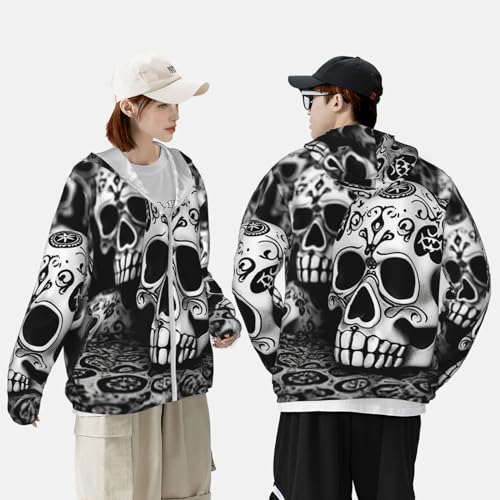 Chaqueta ligera de sol con capucha y calaveras blanco y negro miniatura 5