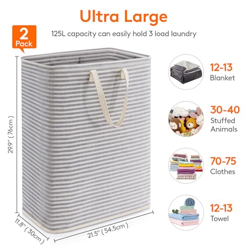 Image of Lifewit 2 Pack Laundry Basket 125L Each, Collapsible Clothes Hamper with Reinforced Handles, Freestanding Waterproof Design for Bedroom and Laundry Room, Grey 250L Total