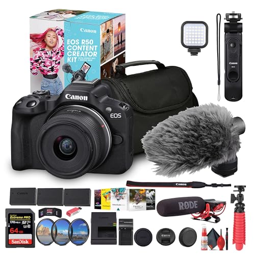 Image of Canon EOS R50 Content Creator Kit with 18-45mm Lens | Mirrorless Camera with Tripod & Flip Screen (Black) + Mic + 64GB Card + Filter Kit + Photo Software + Bag + 2 x LPE17 Battery + More (Renewed)