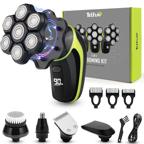 Máquina de barbear 7D para homens carecas, Telfun removível com ecrã LED, máquina de barbear careca seca e húmida para homens, IPX7, máquina de barbear impermeável para homens com carga tipo C