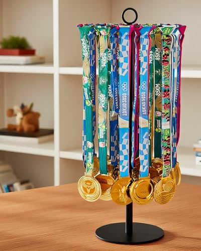 Image of Rotatable Medal Hanger Display - Adjustable Medal Honor Display - Desktop Metal Medal Holder for Running, Sports, Taekwondo, Awards - Ribbon-Safe Hook, 40+ Medals