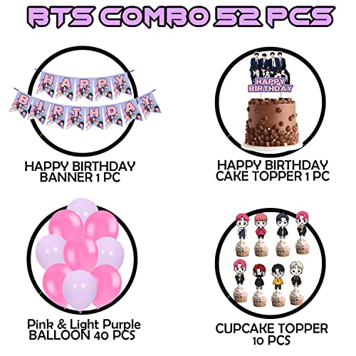 Image of Party Propz BTS Birthday Decorations - 52 Pcs, Birthday Decoration Items For Girls | Happy Birthday Decorations For Girls | Pink & Purple Metallic Balloons For Decoration With Cake Topper