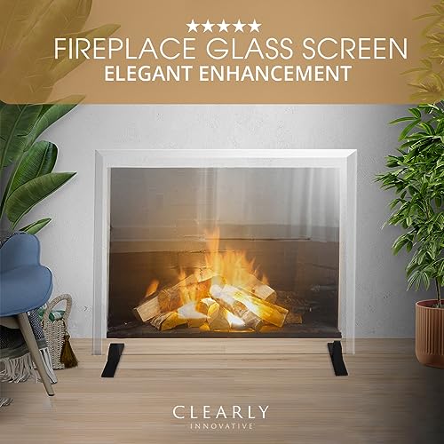 Image of Tempered Glass Fireplace Screen, 29 inch x 39 inch, Black Base, Modern Frameless