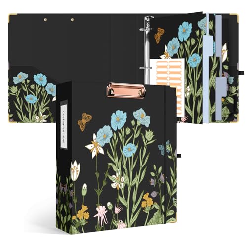 Ospelelf Binder 3 Ring 2 Inch, Floral Round Ring Clipboard Binder with 5 Tab Dividers for Letter Size Documents, File Folder Labels, for School and Office Supplies