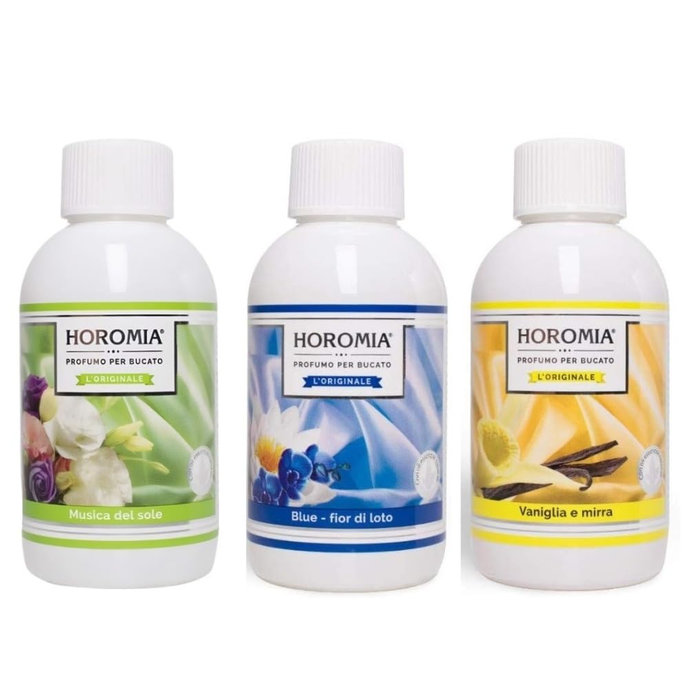 Horomia set 3 Profumatori liquidi per bucato essenza Vaniglia e Mirra, Musica del Sole e Blue Fior di Loto ml.250