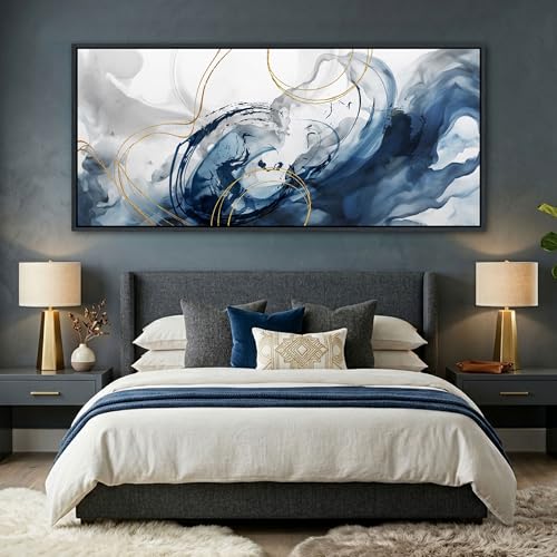 Image of Mofutinpo Blue Abstract Wall Art Large Canvas Wall Decor Modern Home Decor Office Wall Decor Home Decorations for Living Room Navy Blue Minimalist Bedroom Artwork 40x87IN