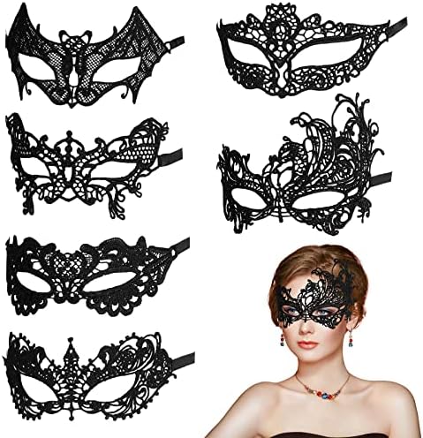 Aomig Spitze Maske, 6 Stück Venezianische Maske Spitze Damen, Schwarz Sexy Lace Augenmaske für Frauen, Augenmaske für Halloween Karneval Abendkleid Tanz Ball Party