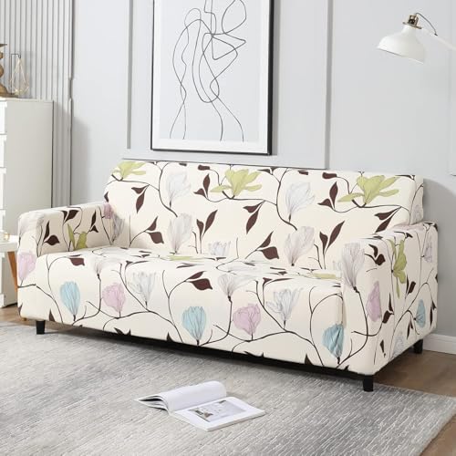 Image of HOKIPO Elastic Stretchable Universal Sofa Cover 3 Seater, Beige Brown Leaves (NEW-AR-4095-D20)