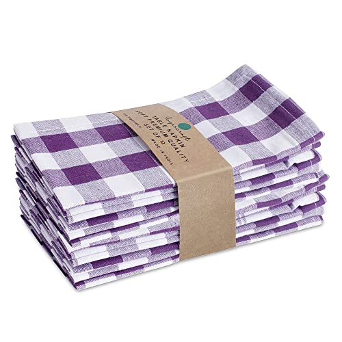 Image of FINGERCRAFT 100% Cotton Cloth Napkins Set of 12 - 20x20 Inch (50x50 cm) Reusable Soft & Absorbent Gingham Check Dinner Table Napkins (Purple White Check, Set of 12)
