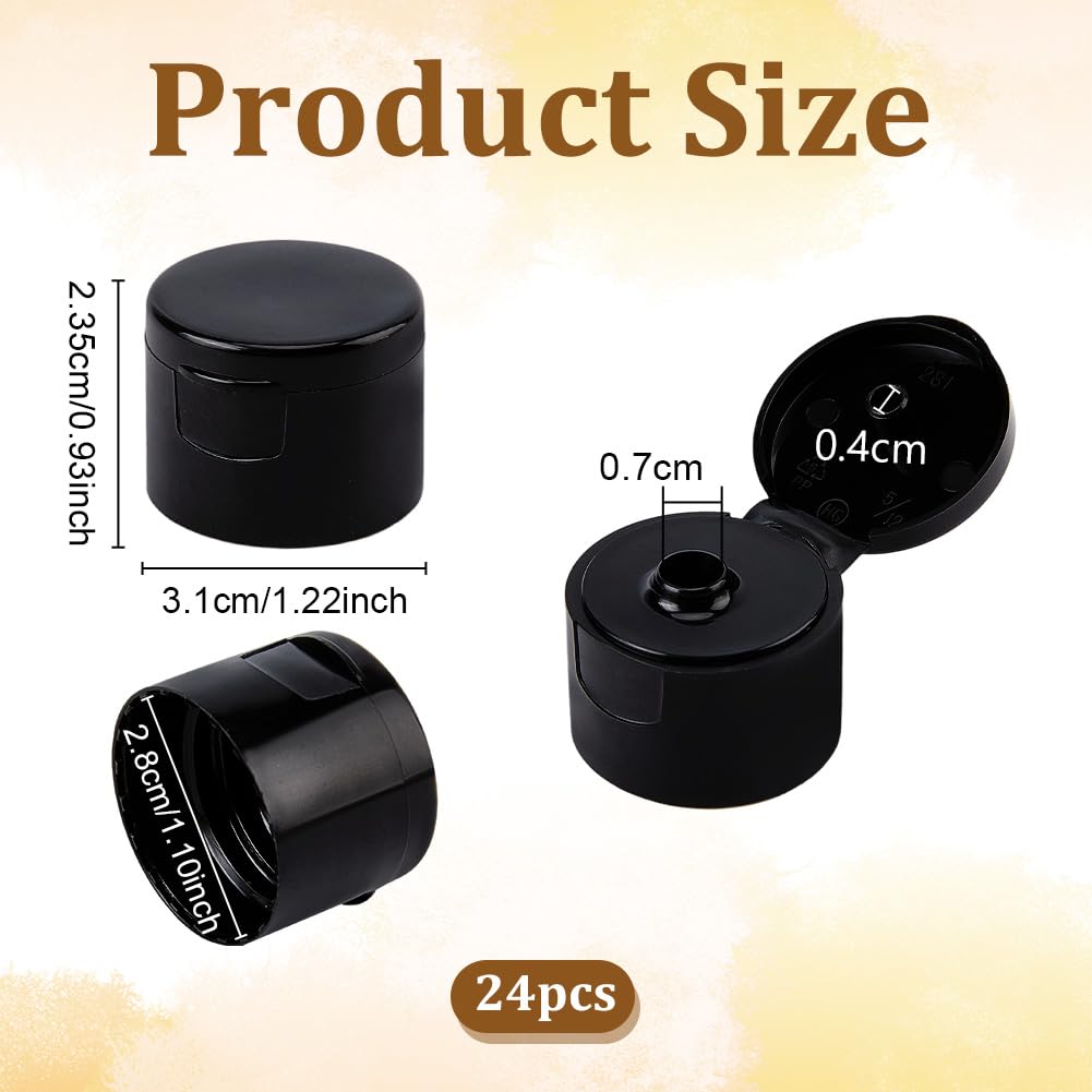 OLYCRAFT 24Pcs 28mm ID Black Flip Top Caps With 0.3 Inch Orifice Round Ribbed Snap Closures Lid Replacement Flip-Top Dispensing Cap Reusable Plastic Bottle Cap