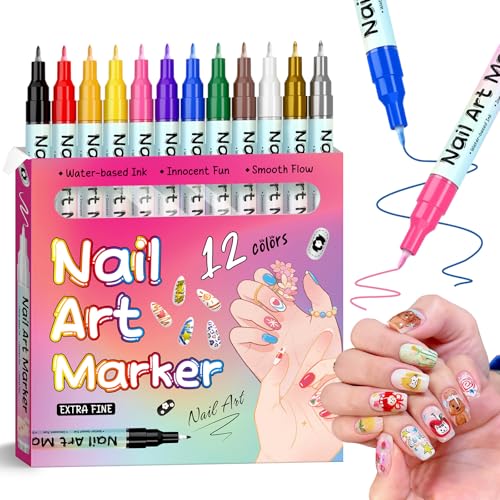 12 Colors Nail Art Pens Set Nail Polish Pens Nail Art Markers for DIY Nail Art Waterproof Quick-drying Nail Point Dotting Liner Pen Tools for Home Salon