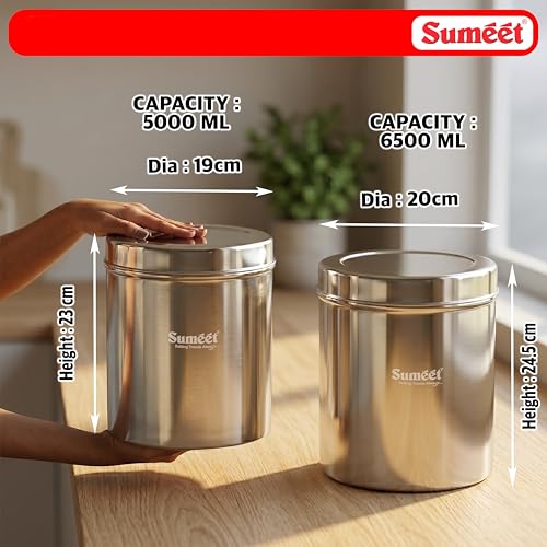 Image of Sumeet Stainless Steel Large Dabba /Canisters /Vertical Storage Container for Kitchen, 19cm & 20cm Dia - 5000ml - (5Kg to 5.5Kg Approx) & 6500ml - (5.7Kg to 6.3Kg Approx)