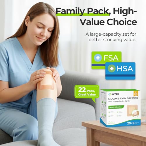 Image of AUVON Silicone Foam Dressing with Large Adhesive Border, 4 inch x 4 inch 22 Packs Wound Dressing Bandage with High Absorbency, Waterproof Silicone Foam Pads for Wound Care & Protection Plus Cushioning