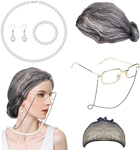 LOLIAS 7 Pieces Old Lady Costume Cosplay Set, Grandma Wig Cap Granny Glasses Chain Cords Pearl Beads Necklace Earring (7 Pieces), Christmas Halloween Old Lady Wig Fits All