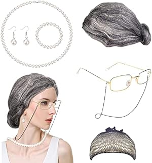 LOLIAS 7 Pieces Old Lady Costume Cosplay Set, Grandma Wig Cap Granny Glasses Chain Cords Pearl Beads Necklace Earring (7 Pieces), Christmas Halloween Old Lady Wig Fits All