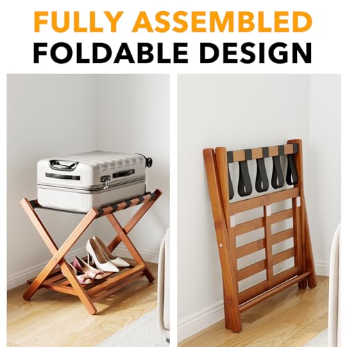 SpaceAid Fully Assembled Luggage Rack 2 Pack, Bamboo Foldable Suitcase Stand for Guest Room, Heavy Duty Folding Luggage Holder with Storage Shelf for Bedroom and Hotel, Walnut - Thumbnail 3