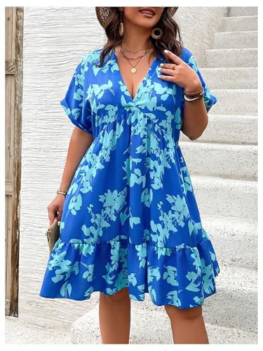 Image of Floerns Women's Plus Size Summer Vacation Wrap V Neck Short Sleeve Ruffle Hem A Line Hawaiian Short Dress
