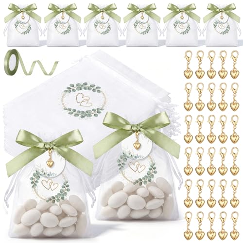 Hestya 50 Sachets Dragées avec Porte-Clés Cœur, Étiquettes Eucalyptus et Ruban Vert – Pochettes Bonbon pour Mariage, Baptême ou Communion