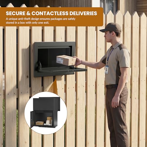 Image of Large in-Fence Parcel Drop Box - Easy Assembly Through-the-Wall Package Delivery Box with Rear Access Door - Anti-Theft Locking Mailbox for Packages and Mail (Sleek Black Steel)