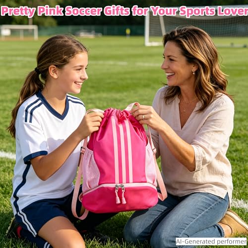 Image of Soccer Bag, Youth Soccer Basketball Bag with Compartments Drawstring Backpack for Football Volleyball Gym Training (Pink)