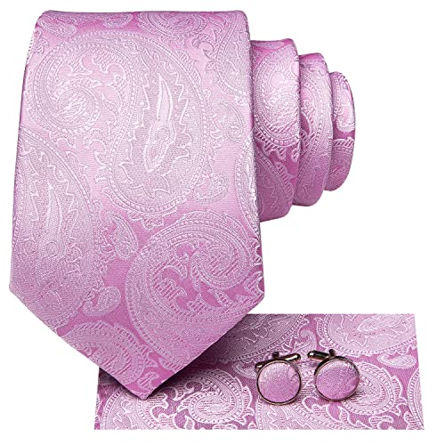 Hi-Tie Silk Pink and White Paisley Ties Set for Men Wedding Party Necktie and Handkerchief Cufflinks Tie Clip Set for Business