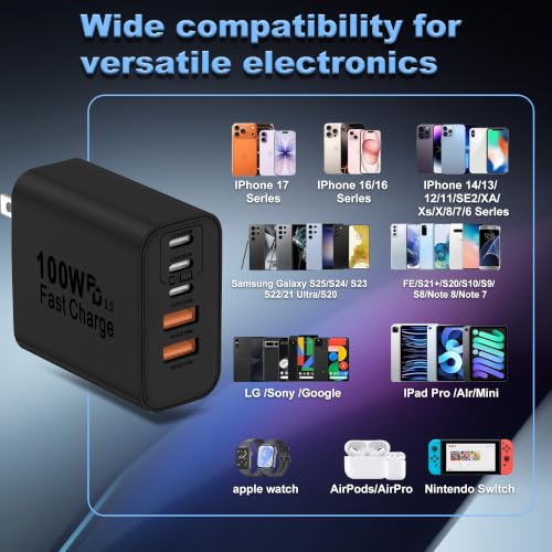 Image of USB C Charger Block, 2-Pack 100W 5-Port USB C Wall Charger iPhone Charger Fast Charging PD Power Adapter+QC Wall Plug Multiport Type C Brick Chargers for iPhone 17 16 15 14 13 Pro Max,Samsung,MacBook