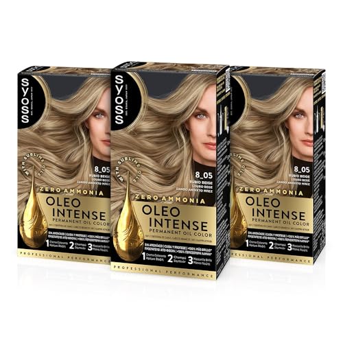Syoss Oleo Intense - Tinte 8-05 Rubio Beige – Coloración permanente Sin Amoníaco – Cobertura profesional de canas – Resultados de peluquería (Pack De 3)