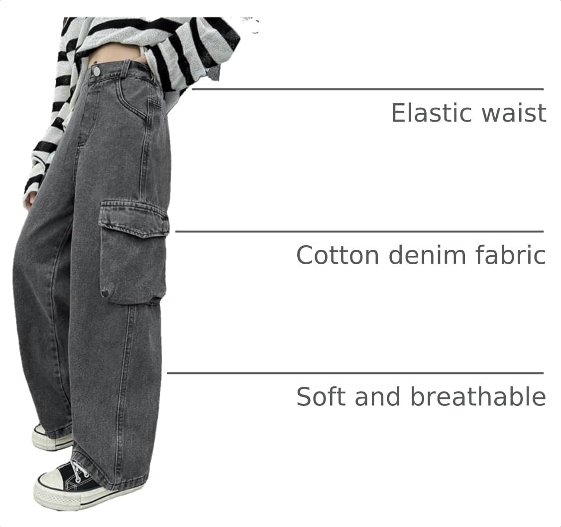 AOWKULAE Girls Grey Multi-Pocket Cargo Jeans Baggy Waist Wide-Leg Jeans, B1-Gray, B1-Gray, 6-7 Years = Tag 130