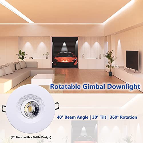 Image of POPANU Premium Canless Recessed Gimbal Downlight Rotatable-Spotlight 5 CCT 4 Inch Eyeball Ceilling Potlight, Dimmable Lights Fixture with Junction Box, 8W, White Round Trim, with Baffle, 6P